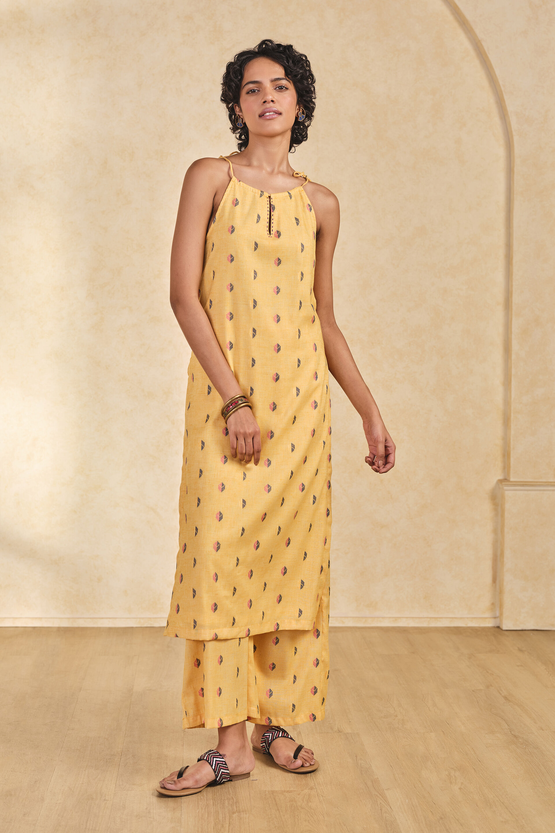 Yellow Halter Neck Tassel Kurta & Pant Set, Yellow, image 2